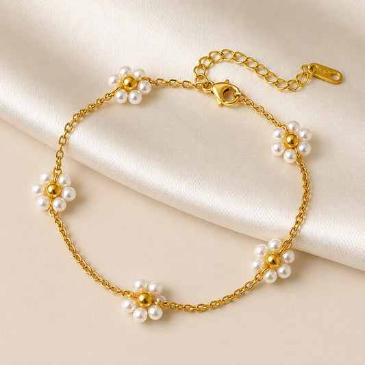 Golden Daisy Pearl Charm Bracelet
