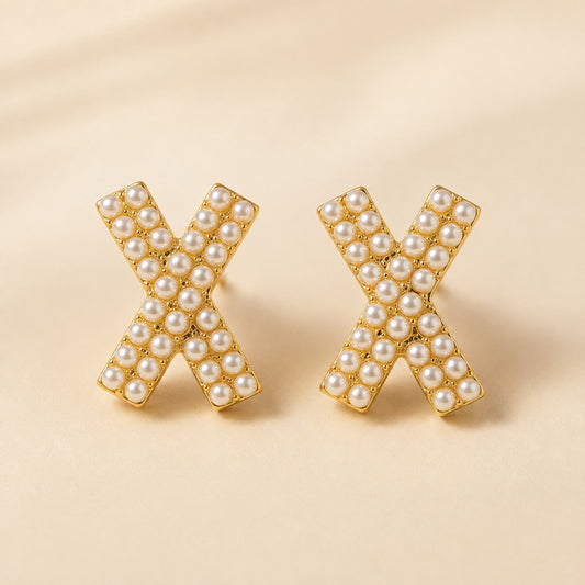 Pearl Cross Compact French Style Earrings