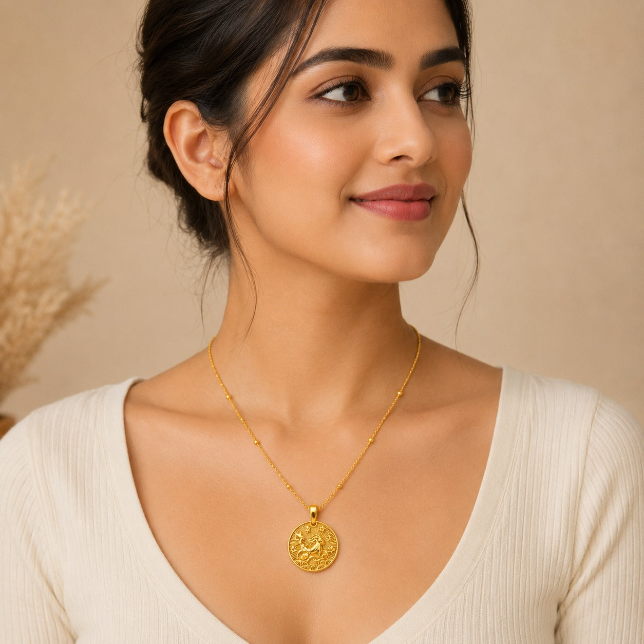 18K Gold Plated Capricorn Zodiac Medallion Necklace