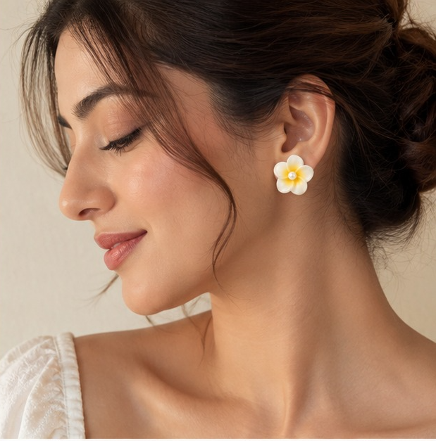 White & Yellow Plumeria Pearl Floral Earring