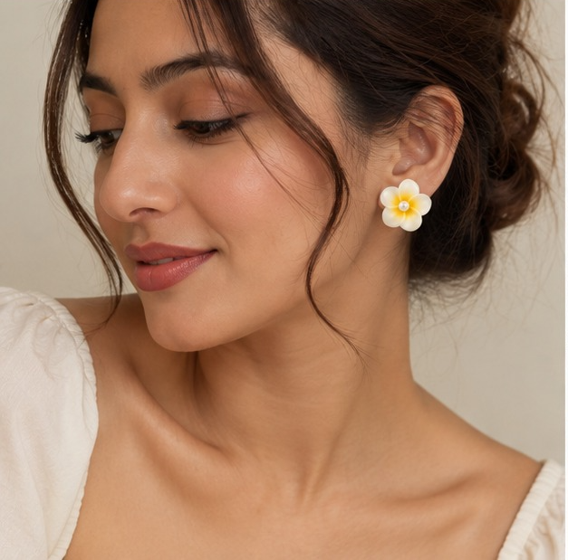 White & Yellow Plumeria Pearl Floral Earring