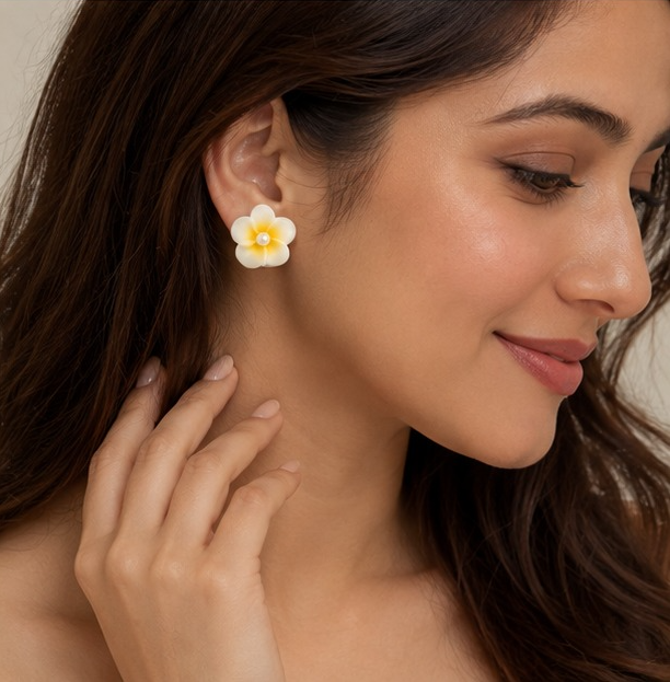 White & Yellow Plumeria Pearl Floral Earring