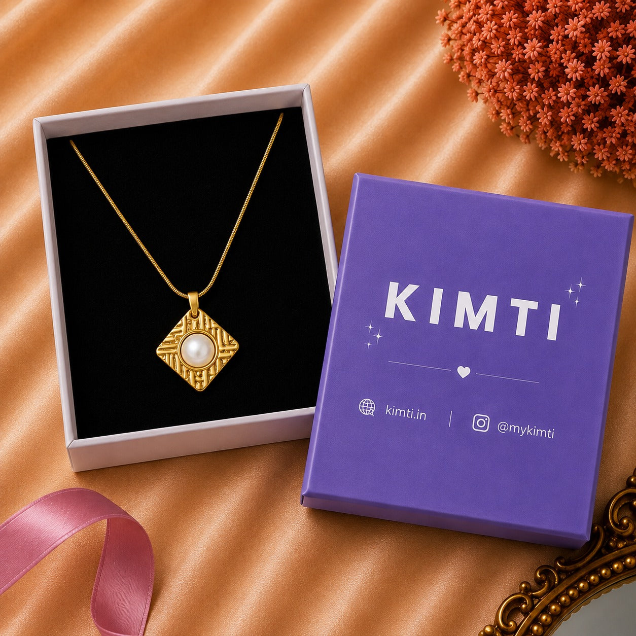 18k Gold Plated Royal Pearl Square Pendant Necklace