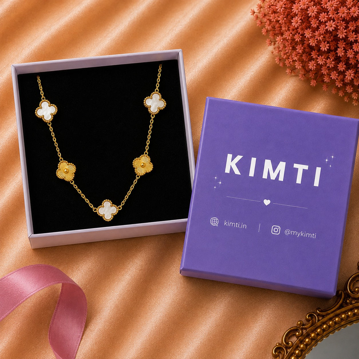 18K Gold Plated White Gold Clover Charm Necklace