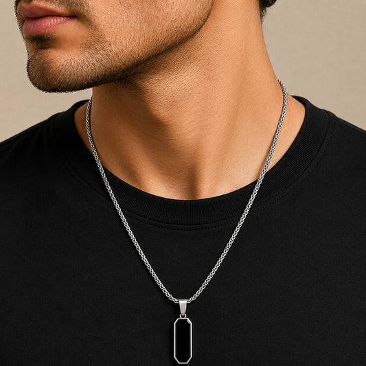 Men - Black Hex Bar Pendant Stainless Steel Necklace