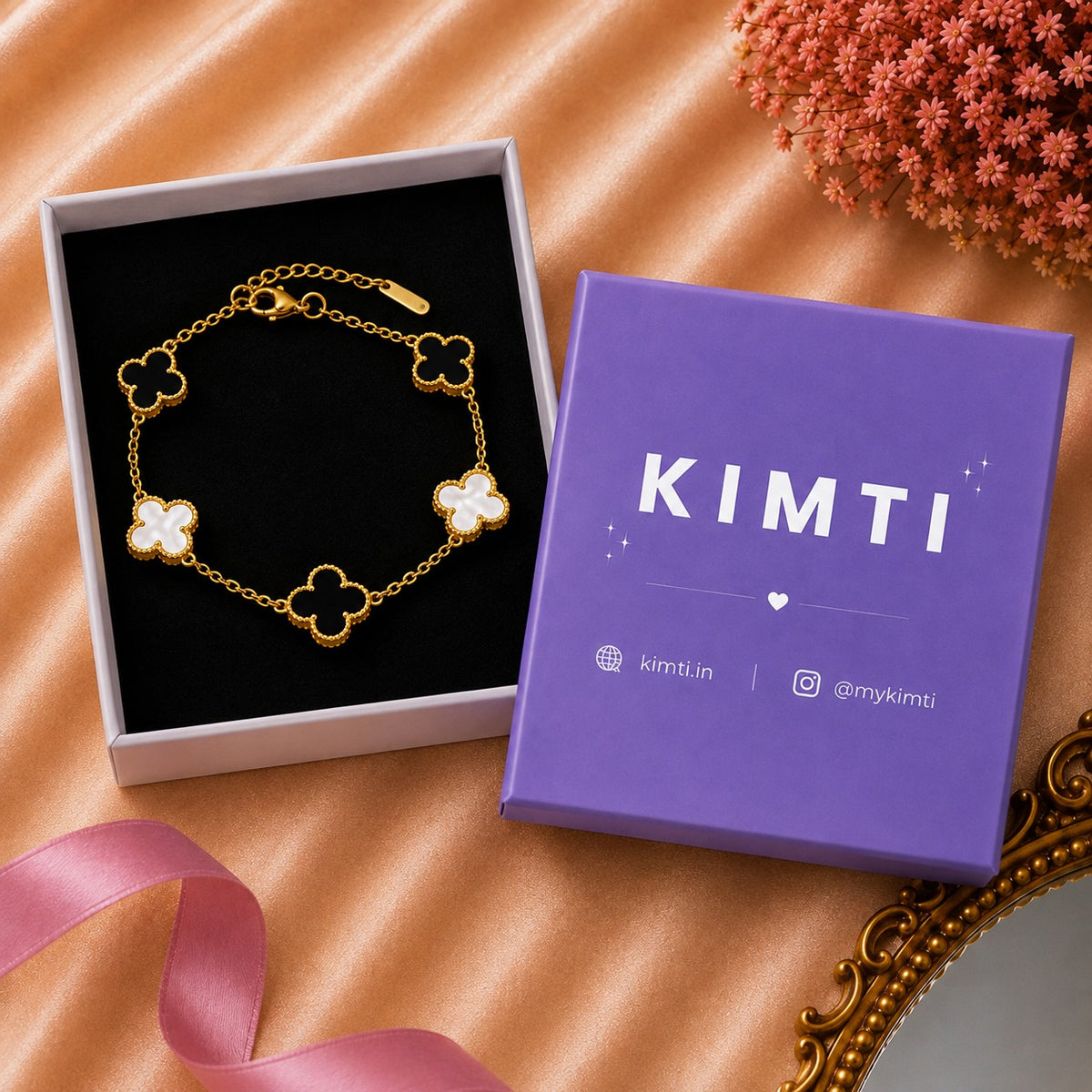 18K Gold Plated Black & White Clover Charm Bracelet
