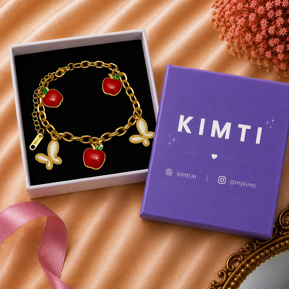 18K Gold Plated Red Apple & Butterfly Charm Bracelet