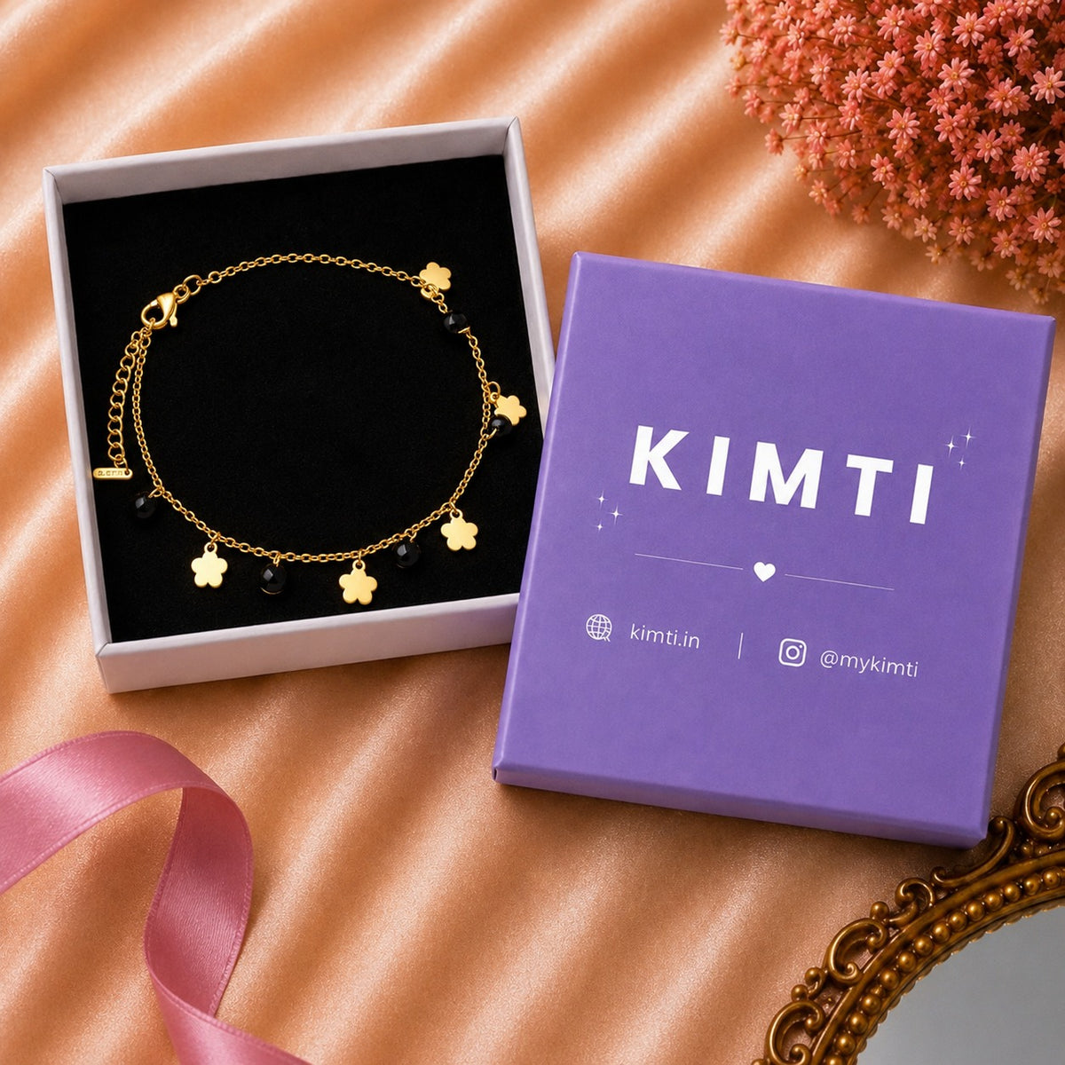18K Gold Plated Black Stone & Flower Charm Bracelet