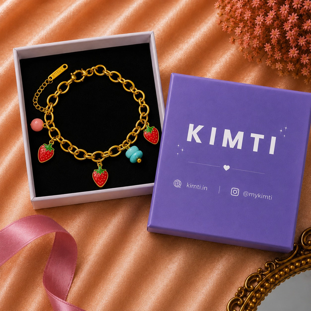 18K Gold Plated Strawberry & Bead Charm Bracelet
