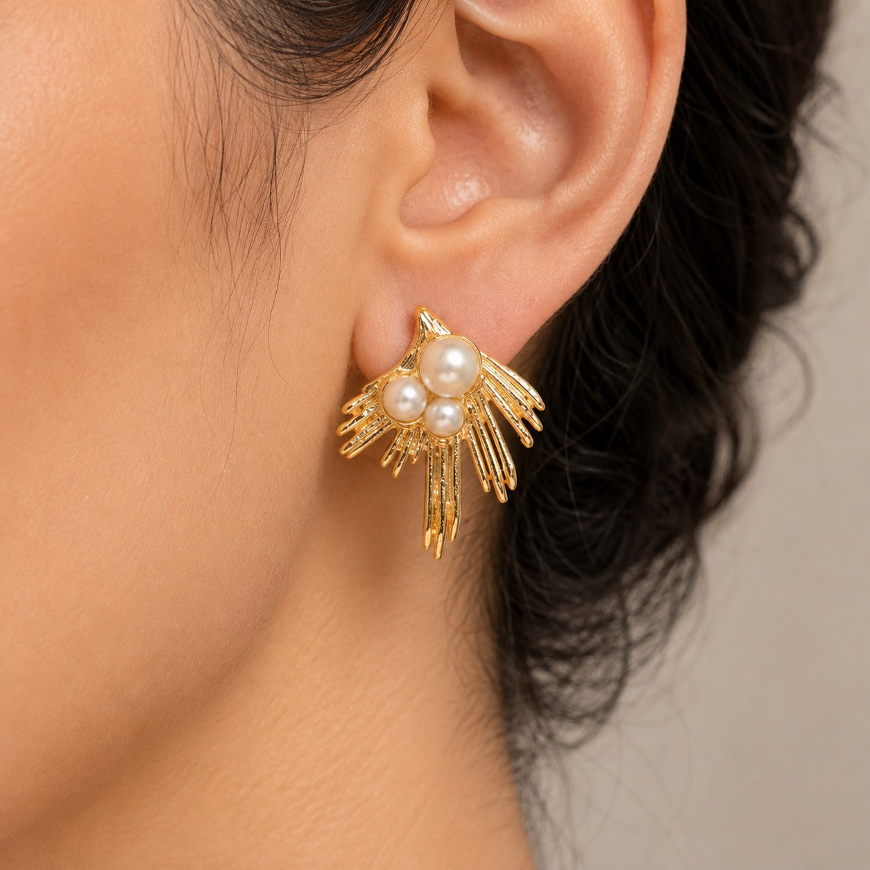 Golden Pearl Wing Stud Earrings