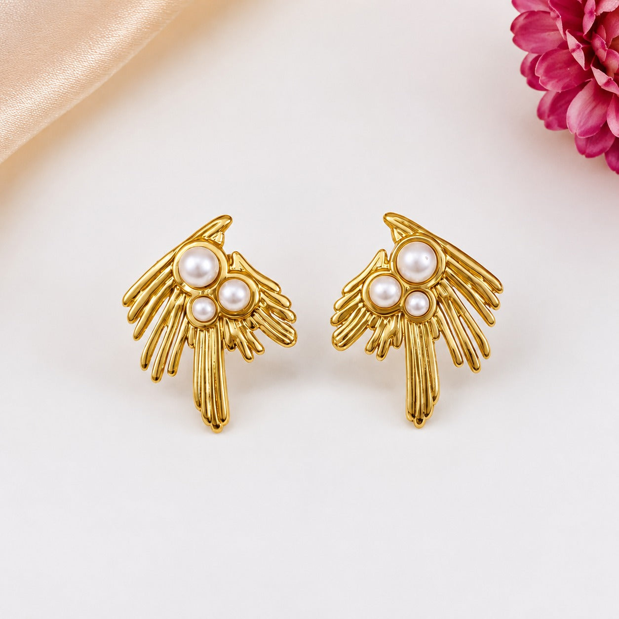 Golden Pearl Wing Stud Earrings