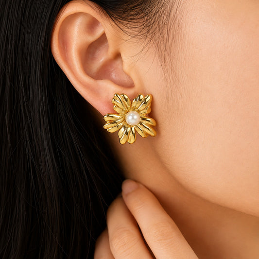 Golden Daisy Pearl Gold Plated Stud Earrings for Women