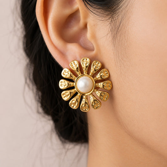 18K Gold Plated Daisy Pearl Stud Earrings for Women