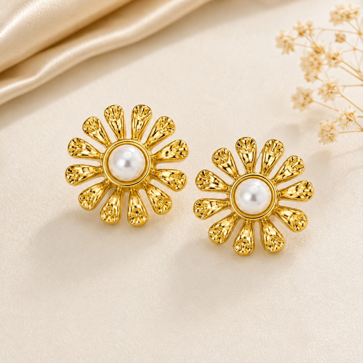 18K Gold Plated Daisy Pearl Stud Earrings for Women