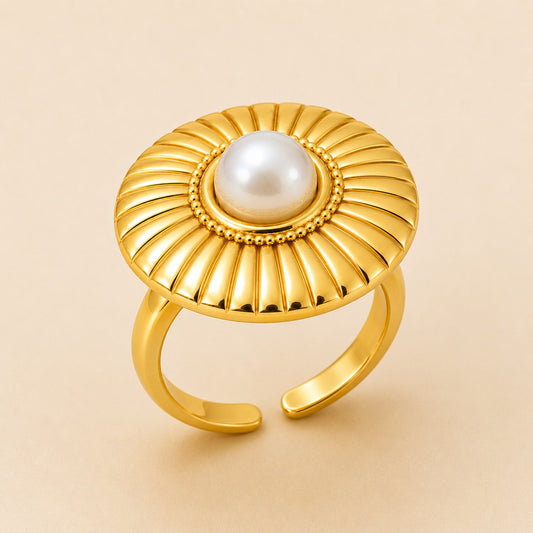 18K Gold Plated Sunburst Pearl Statement Ring