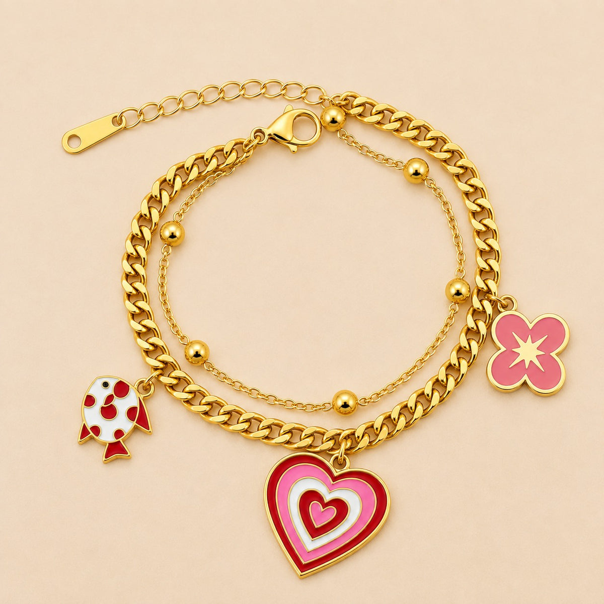 18K Gold Plated Heart & Flower Multi Charm Bracelet for Women