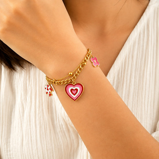 18K Gold Plated Heart & Flower Multi Charm Bracelet for Women