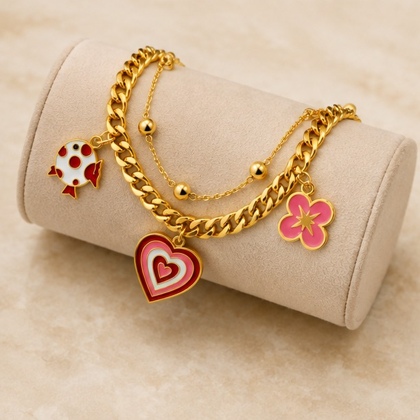 18K Gold Plated Heart & Flower Multi Charm Bracelet for Women