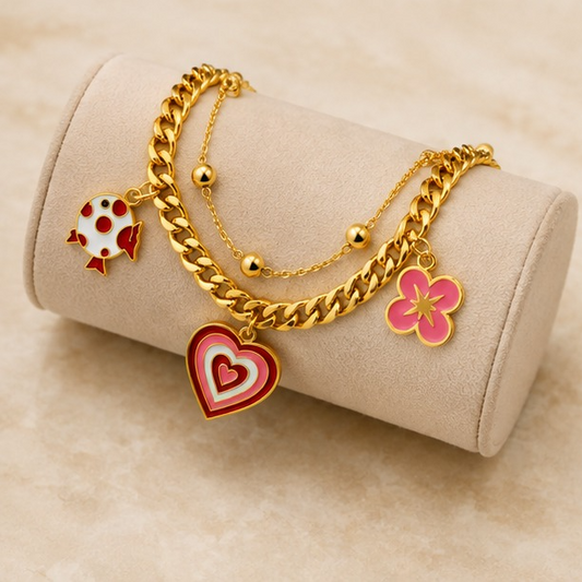 18K Gold Plated Heart & Flower Multi Charm Bracelet for Women