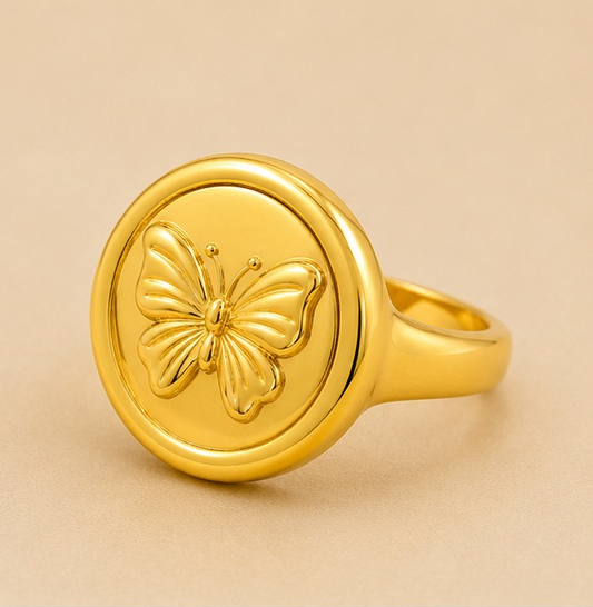 18K Gold Plated Butterfly Coin Statement Ring