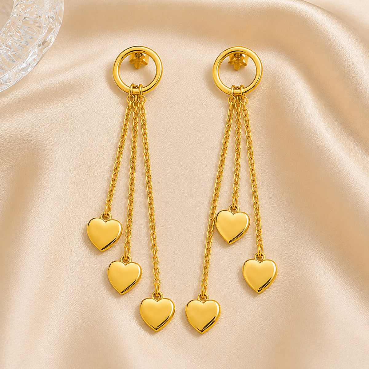 Golden Triple Heart Chain Drop Earrings