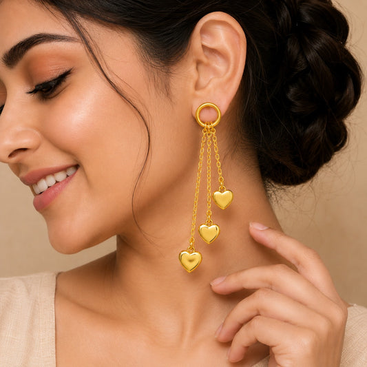 Golden Triple Heart Chain Drop Earrings