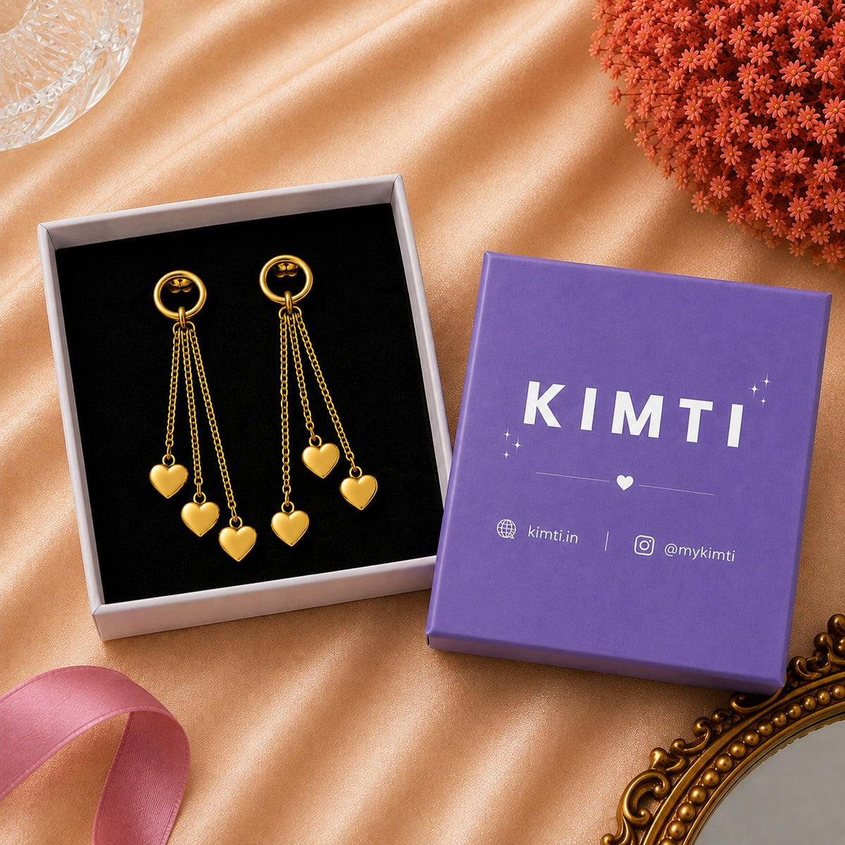 Golden Triple Heart Chain Drop Earrings