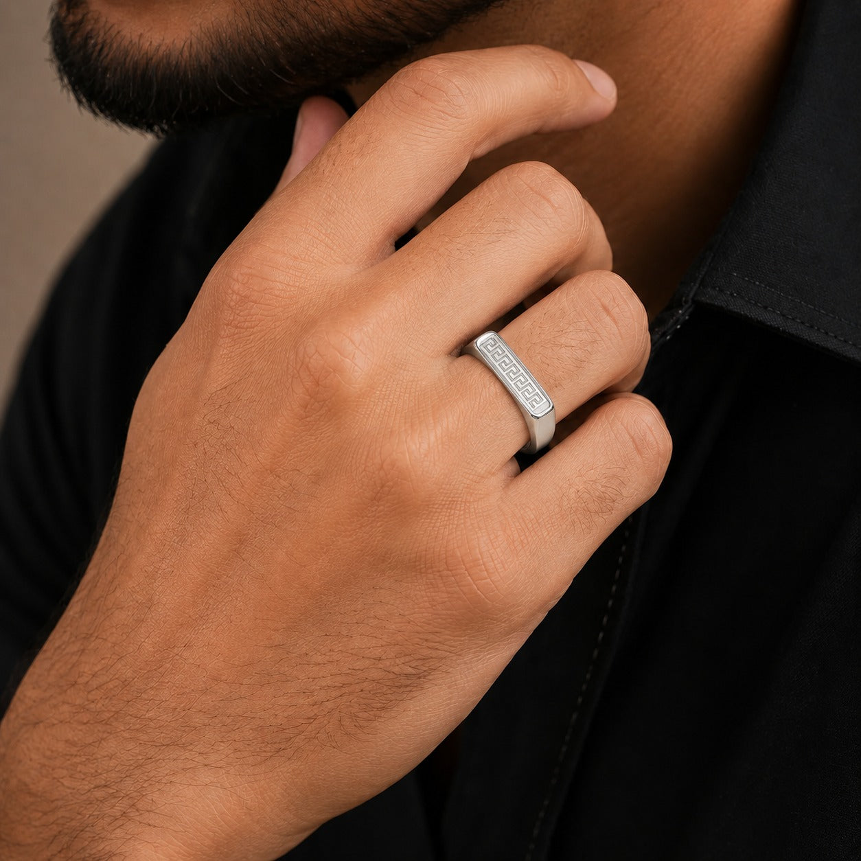 Men - Greek Key Geometric Silver Signet Ring