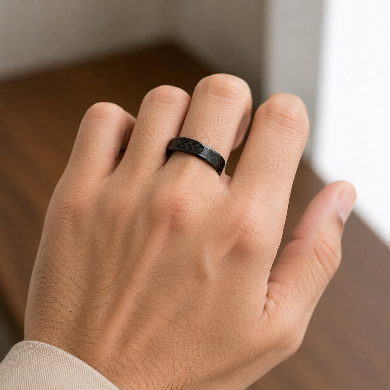 Men - Black Carbon Fiber Textured Ring