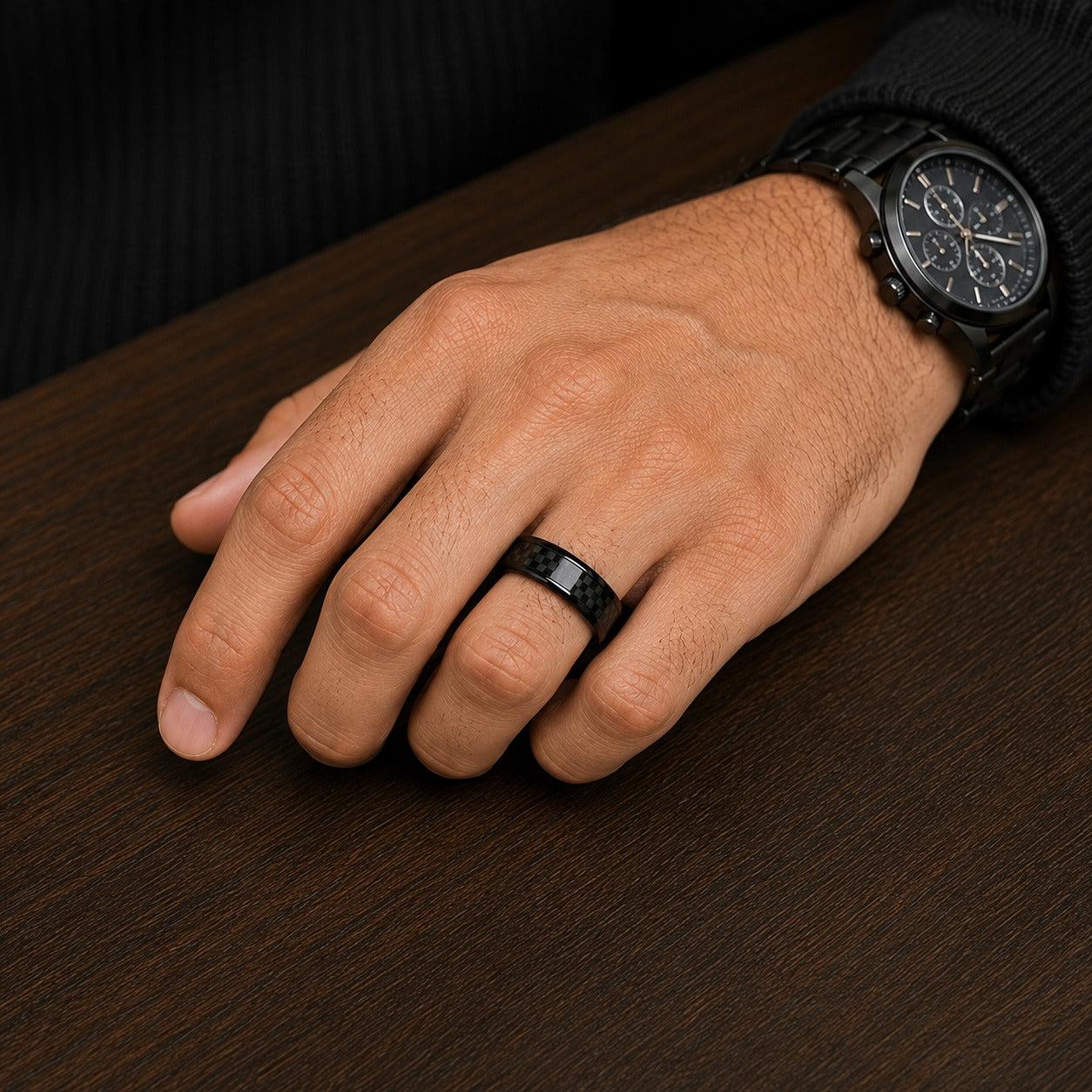 Men - Black Carbon Fiber Textured Ring