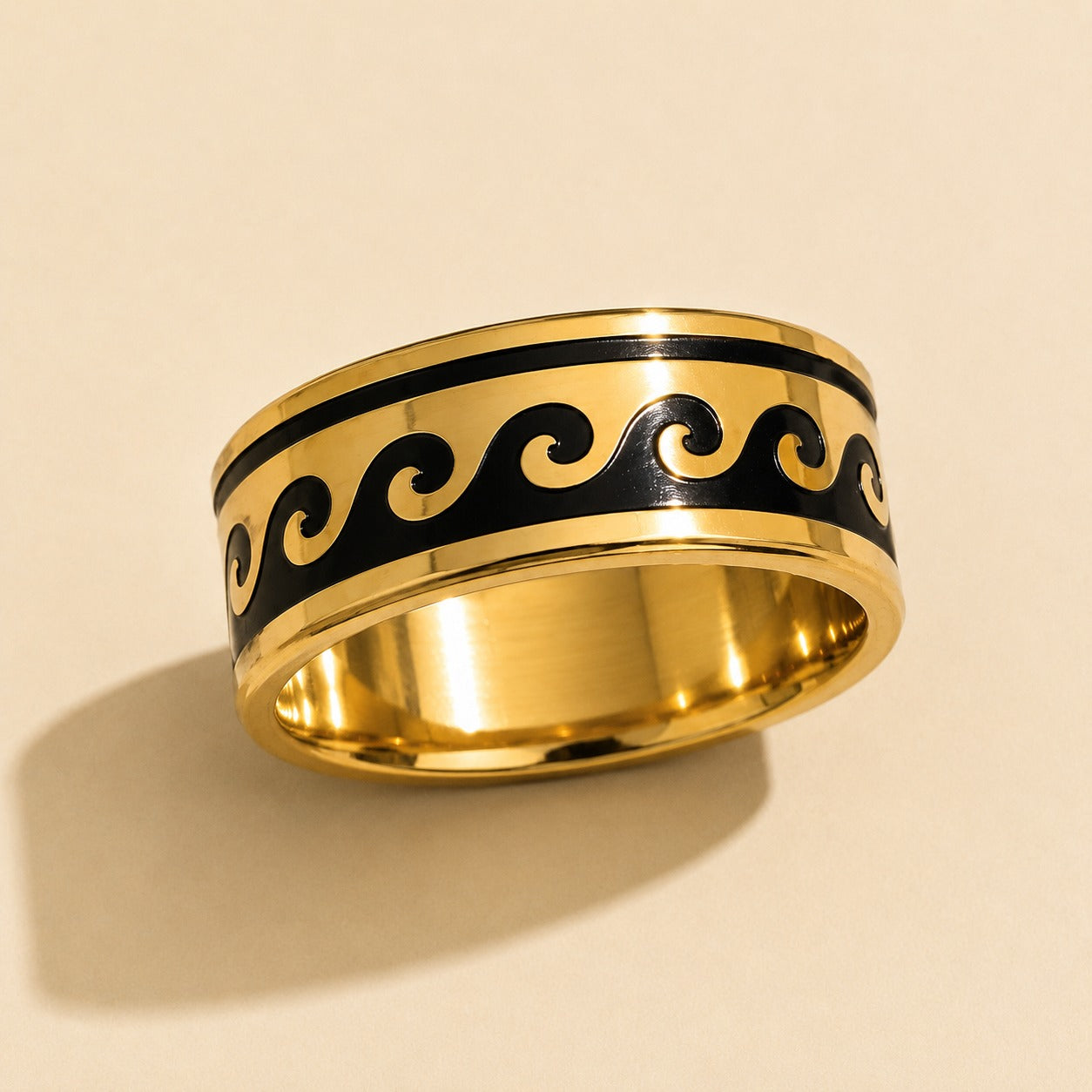 Men - Gold-Tone Black Wave Pattern Ring