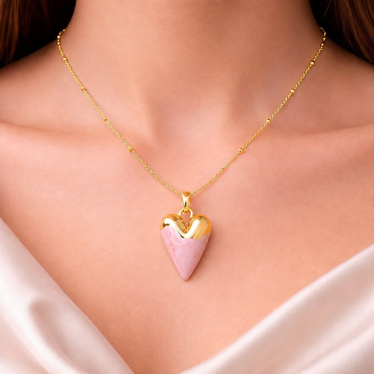Pink Enamel Heart Charm Necklace