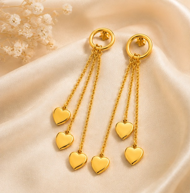 Golden Triple Heart Chain Drop Earrings