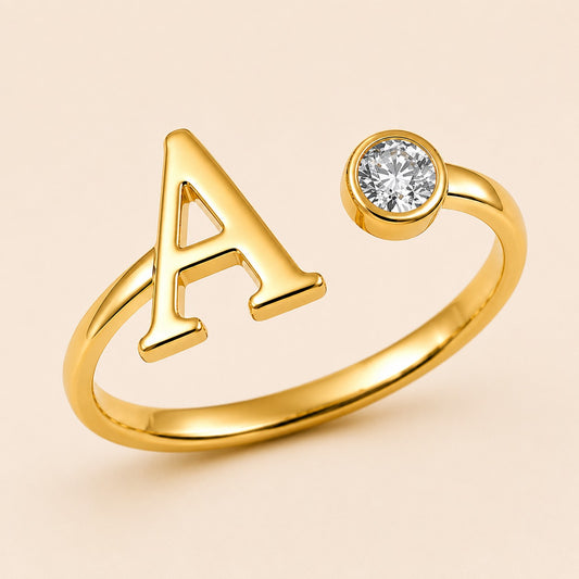 18K Gold Plated Adjustable Initial Charm Ring