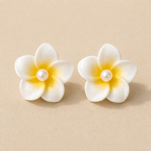 White & Yellow Plumeria Pearl Floral Earring