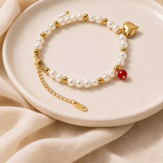 Pearl Bracelet with Gold Heart Charm Bracelet