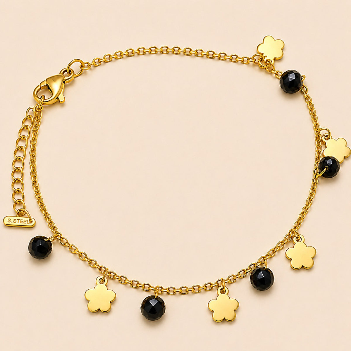 18K Gold Plated Black Stone & Flower Charm Bracelet