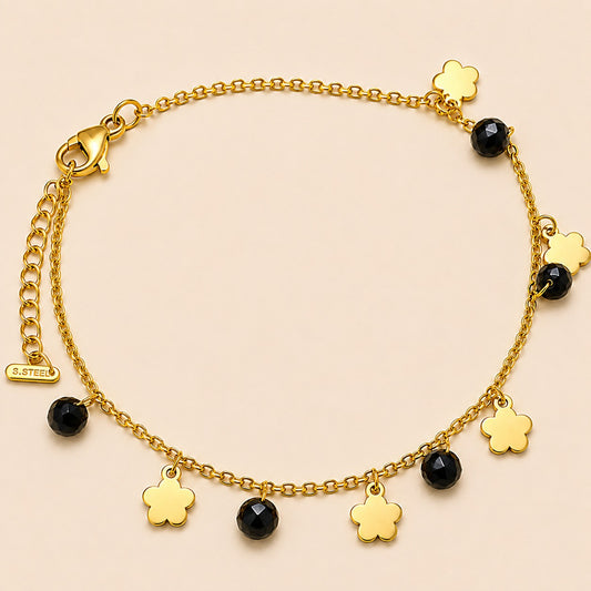 18K Gold Plated Black Stone & Flower Charm Bracelet