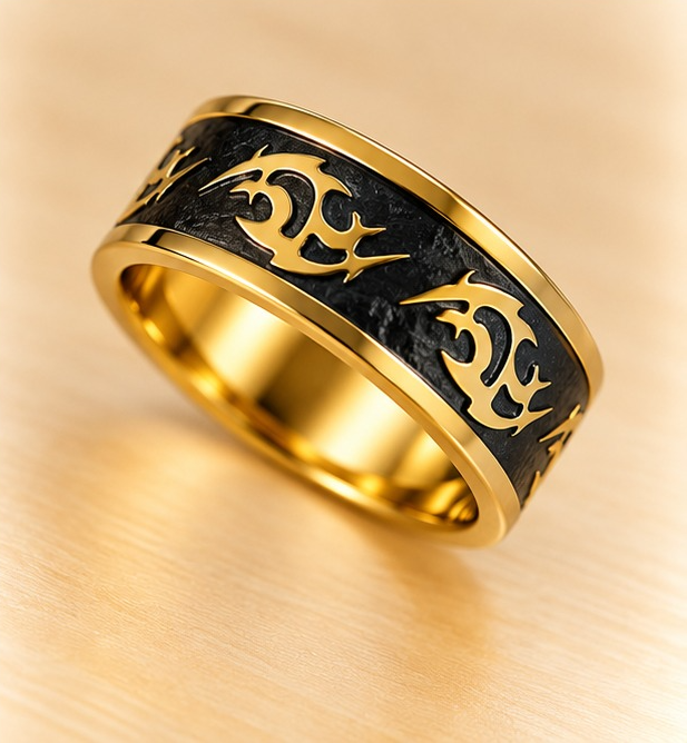 Men - Tribal Flame Black & Gold Ring