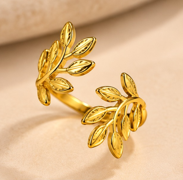 18K Gold Plated Olive Leaf Branch Adjustable Ring