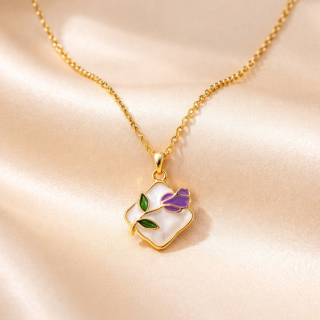 18k Gold Plated Lavender Bloom Enamel Necklace