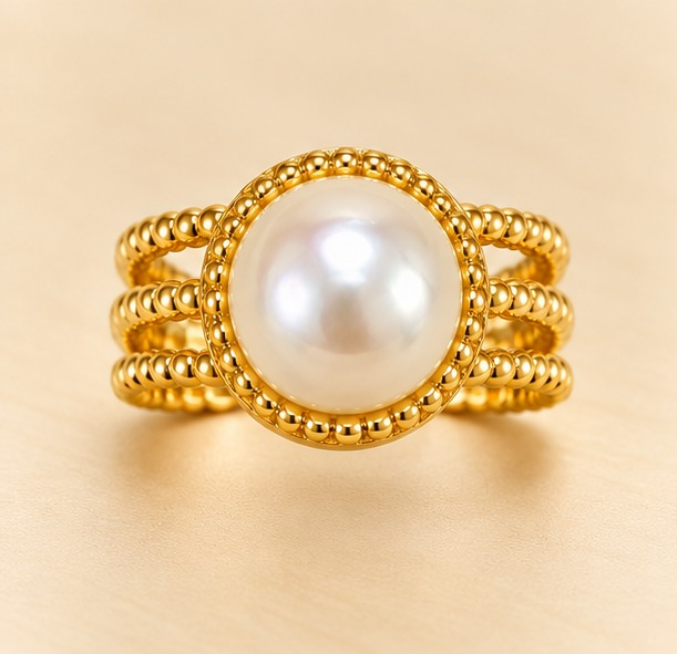 18K Gold-Plated Classic Pearl Beaded Statement Ring