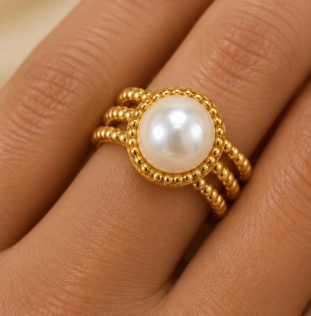 18K Gold-Plated Classic Pearl Beaded Statement Ring