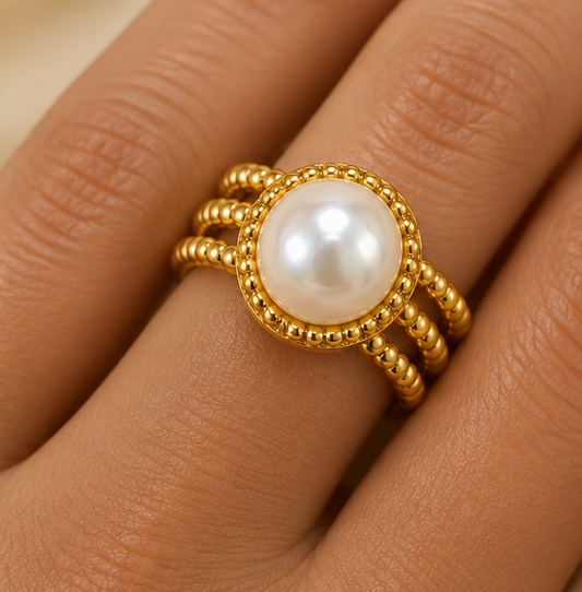18K Gold-Plated Classic Pearl Beaded Statement Ring