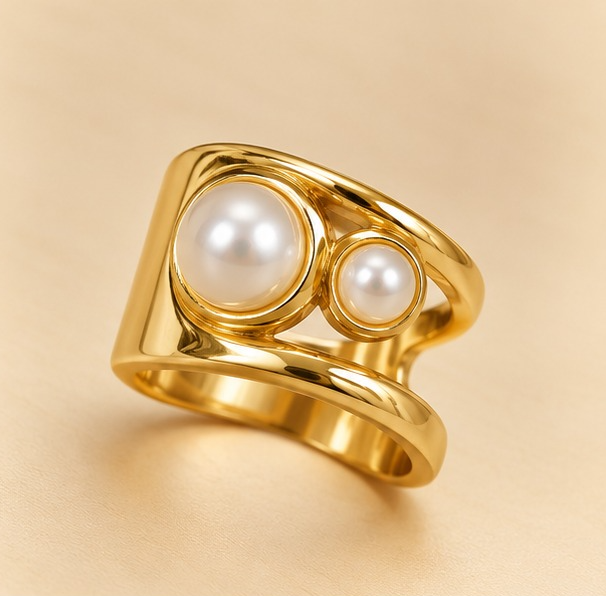 18K Gold-Plated Dual Pearl Modern Statement Ring