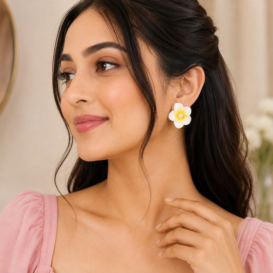White & Yellow Plumeria Pearl Floral Earring