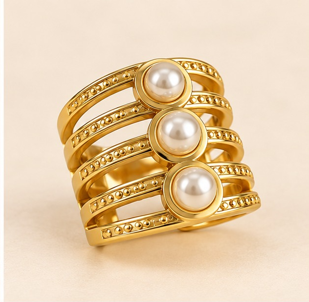 18k Gold Plated Triple Pearl Layered Ring