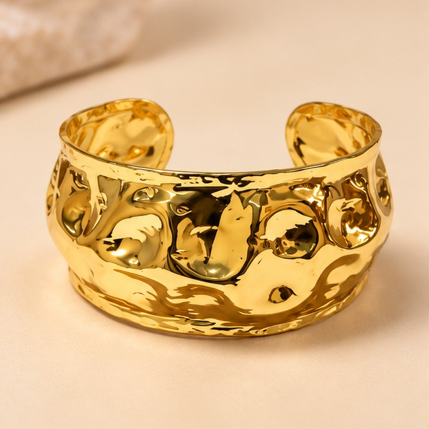 Golden Bold Hammered Texture Wide Adjustable Cuff Bracelet