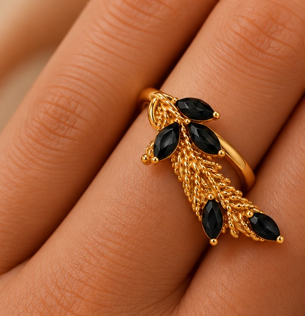 18k Gold Plated Black Onyx Leaf Cascade Ring