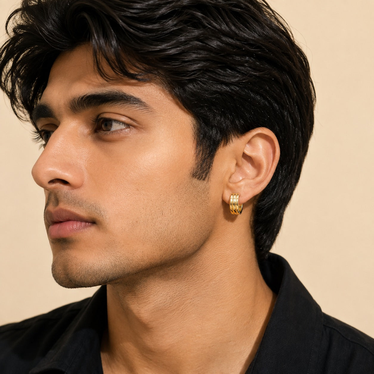 Men - 18K Gold Plated Textured Triple Hoop Earrings